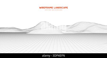 Minimalist 3D wireframe landscape background. Digital terrain with mountain mesh grid for technology, gaming, and futuristic data visualization concep Stock Vector