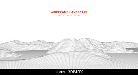 Minimalist 3D wireframe landscape background. Digital terrain with mountain mesh grid for technology, gaming, and futuristic data visualization concep Stock Vector