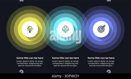 Infographic template with icons and 3 options or steps. Glowing circles. Can be used for workflow layout, diagram, banner, webdesign. Vector illustrat Stock Vector