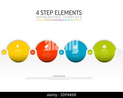 4 step infographic template with four circles in yellow, red, blue, green colors. 4 step infographic visually represents four steps process using four Stock Vector