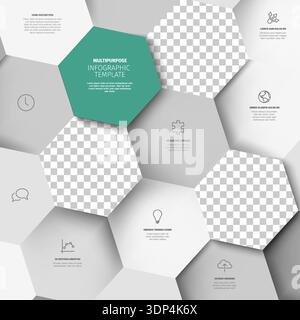 Professional infographic template with three big hexagon photo placeholders featuring a 3D hexagonal layout for data visualization. Hexagonal infograp Stock Vector