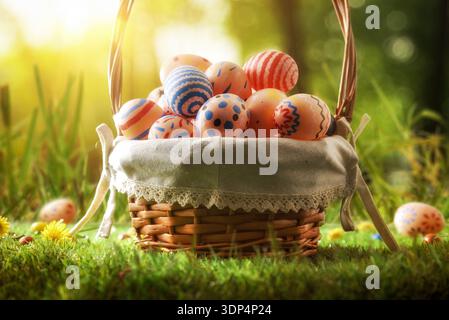 Easter Basket with Painted Eggs in Sunlight Stock Photo