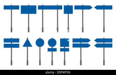 Blue blank road sign and street wayfinding icons on steel poles Stock Vector