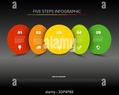 This professional five steps infographic template features five steps in a workflow. The modern five steps infographic layout uses circles and icons f Stock Vector