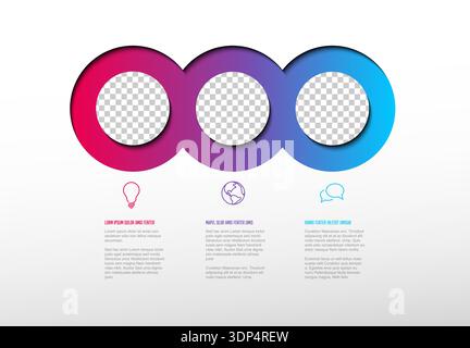This infographic template features three vibrant gradient circle photo placeholders for a clear infographic layout. Use this professional infographic Stock Vector