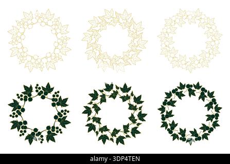 Currant Round Wreaths. Botanical Golden, Dark Green Line Art Circle Frames with Berry and Leaves. Vector illustration. Isolated Premium collection wit Stock Vector