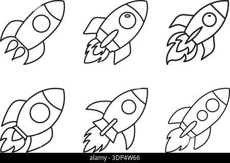 Rocket ship icon set collection in outline stroke flat style. Spaceship launch vector illustration on isolated background. Space transport sign busine Stock Vector