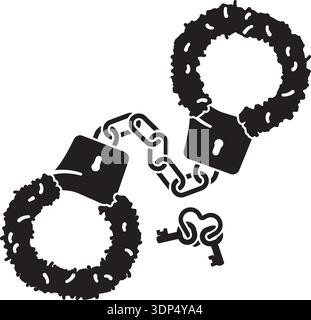 Fuzzy handcuffs adult toy and keys on heart-shaped key ring vector icon Stock Vector