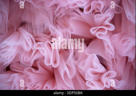 Pink ruffled fabric structure with delicate layers and soft waves. Concept of spring holiday decoration, Valentine's Day romantic background, and femi Stock Photo