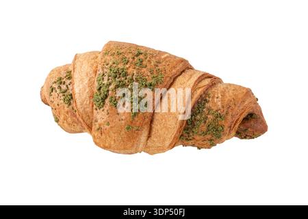 Fresh baked butter croissant with pistachio topping and cream flying isolated on white background. Sweet pastry collection. Stock Photo