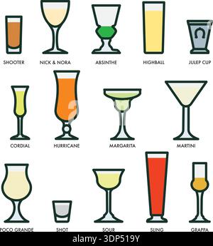 Variety of simple color icons of spirits in their adjacent glasses vector set Stock Vector