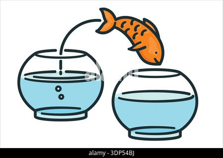 Goldfish jumping from one fish bowl into another cartoon vector illustration Stock Vector
