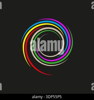 Thin color spiral. Rainbow swirl Vector. Black background detail. Elegant round motion. Stock Vector
