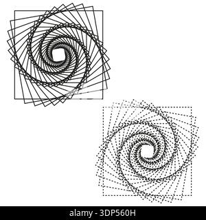 Square spiral set. Geometric rotation Vector. Black line swirl. Abstract optic design. Stock Vector
