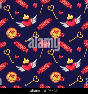 Seamless pattern with winged hearts, golden keys, candies and coffee cup Stock Vector