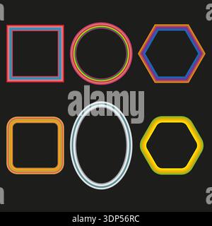 Neon geometric icon. Color shape vector. Glowing line frame. Square circle art. Stock Vector