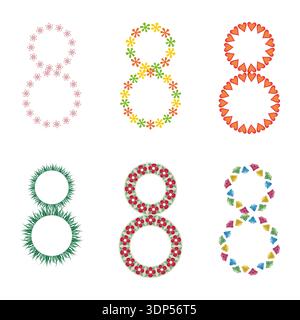 Number eight icons. Colorful floral Vector. Eight 8 digit. Flower wreath set. Stock Vector