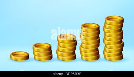 3D Golden coin stacks showing a rising trend Stock Vector