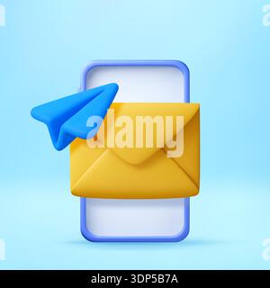 3d paper airplane flying out of envelope on phone Stock Vector