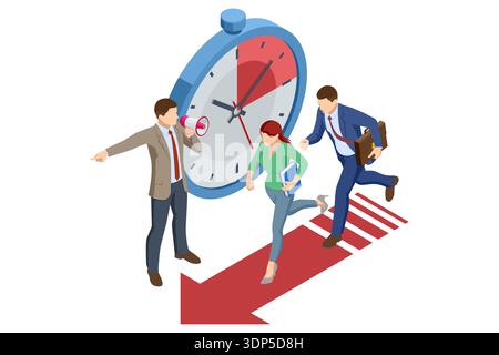 Isometric team run toward finish line under huge clock. Urgent deadline, time pressure and business rush. Time limit, urgency and office pressure Stock Vector