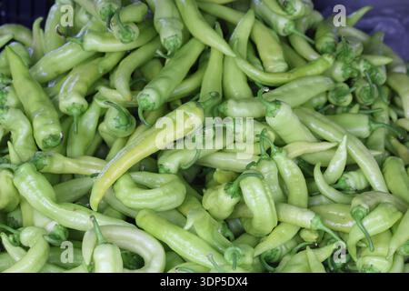 close up of green peppers on market Stock Photo