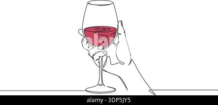 continuous line drawing of hand holding glass of red wine, line art vector illustration Stock Vector