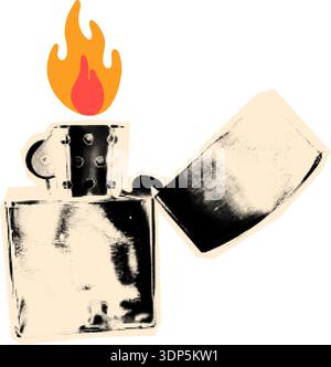 Lighter with burning flame halftone collage vector illustration Stock Vector