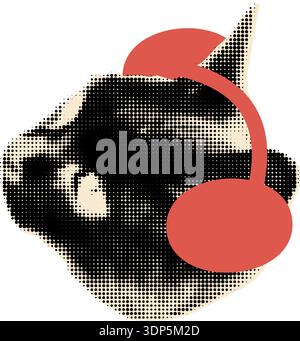 Cat head in red earmuffs halftone collage vector illustration Stock Vector