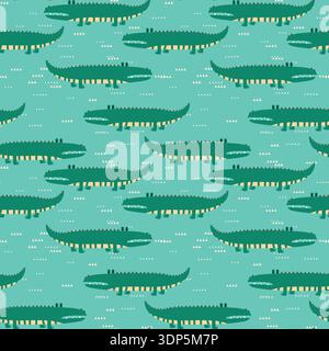 Animal seamless pattern with cartoon crocodiles on color background. Cute holiday illustration with crocodile for baby. Design for invitation, poster Stock Vector