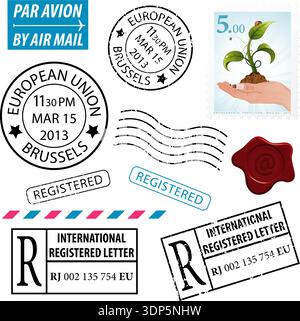 Set Grunge Postage Stamps, vector isolated on white background Stock Vector