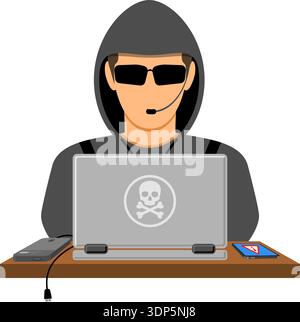 Cyber Crime and Internet Security Concept with flat style icons Hacker Avatar, laptop, smartphone. Isolated vector illustration Stock Vector
