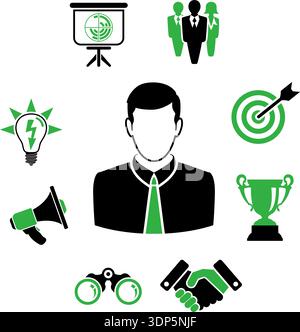 Business Strategy Process Concept and Infographics with two color flat icons like Target, Strategy, Idea, Research, Teamwork and Success. isolated vec Stock Vector