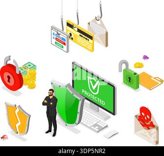Cyber security isometric banner. Hacking and phishing. Guard protects computer from hacker attacks like steals password, credit card and email. Intern Stock Vector