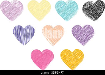 Hand drawn pencil Multicolor Hearts St Valentine Day Big Set Minimalistic Flat Design element idea. Isolated Vector illustration Sticker Icon Love Related content Greeting Post Cards, leaflet, posts Stock Vector