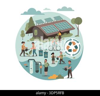 Flat vector illustration of a sustainable lifestyle concept, people interacting with nature and eco technologies, solar panels, plants, recycling Stock Vector