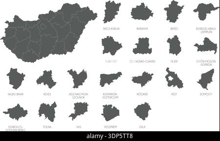 Hungary region silhouettes set and blank map of the country isolated on white background. Vector illustration design Stock Vector
