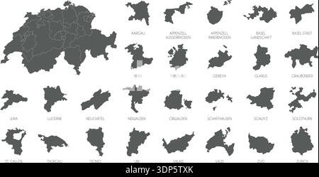 Switzerland region silhouettes set and blank map of the country isolated on white background. Vector illustration design Stock Vector