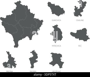 Kosovo region silhouettes set and blank map of the country isolated on white background. Vector illustration design Stock Vector