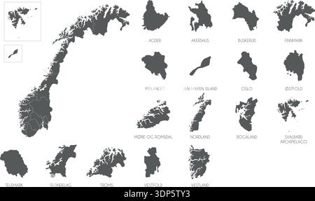 Norway region silhouettes set and blank map of the country isolated on white background. Vector illustration design Stock Vector
