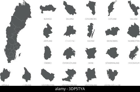 Sweden region silhouettes set and blank map of the country isolated on white background. Vector illustration design Stock Vector
