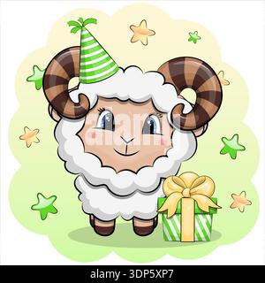 Birthday Card with cute cartoon Ram and gift. Animal vector illustration on green background with stars. Stock Vector