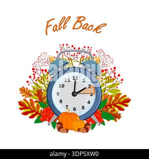 Alarm clock and autumn foliage,pumpkins,berries.Autumn back saving time concept with clock and autumn leaves. Fall Back time starts.Autumn time.Vector Stock Vector