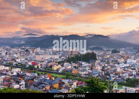 Takayama, Japan downtown city skyline with beautiful skies at dusk. Stock Photo