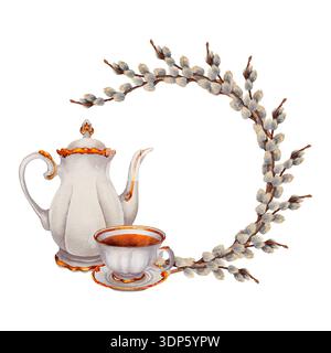 Watercolor illustration of Easter tea composition with willow wreath, teapot and cup. Illustration for festive stationery, religious design, greeting Stock Photo