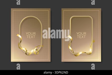Elegant Golden Frames with Ribbon for Wedding Invitations and Luxurious Designs, ideal for cards or covers. Vector illustration. Stock Vector