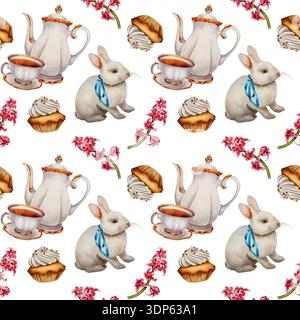 Seamless watercolor pattern with Easter bunny, teapot, teacup, cupcakes and spring flowers. Illustration for Easter tea party, festive stationery, pac Stock Photo
