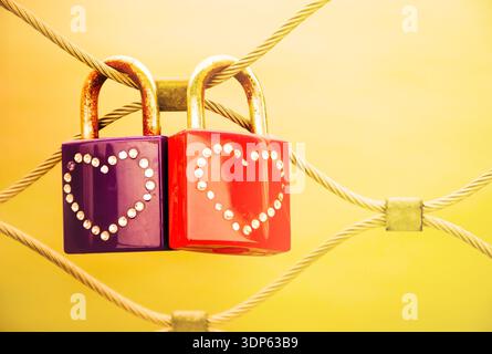 Two grungy love padlocks with heart decoration attached to the bridge in Paris. Valentine's day background. Toned photo. Stock Photo