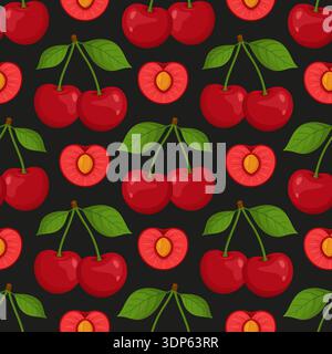 Seamless pattern with whole cherries, halves and green leaves on black background. Bright flat style. For textiles, wrapping paper, packaging, kitchen decor and summer prints. Vector illustration Stock Vector