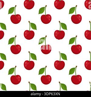 Seamless pattern of red cherries with green leaf and stem on white background. Bright flat style. Ideal for textiles, wrapping paper, packaging, kitchen decor, and summer prints. Vector illustration Stock Vector