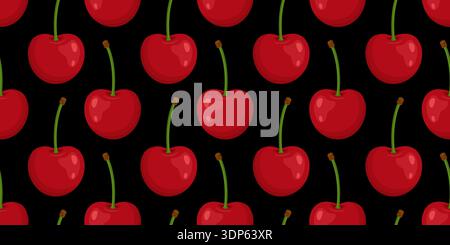 Seamless pattern with red cherries and green stems on black background. Bright flat style. Ideal for textiles, wrapping paper, kitchen decor, packaging, and summer designs. Vector illustration Stock Vector